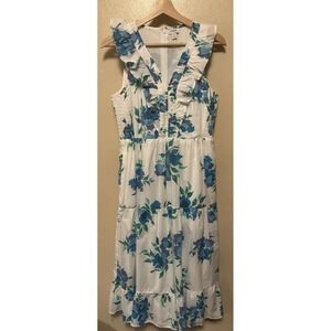 J. Crew Factory V-Neck Smocked Midi Dress Floral White Blue Tiered Size 4